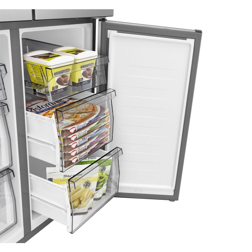 Hisense PureFlat American style smart fridge freezer in stainless steel with open door revealing organized freezer compartment containing frozen food packages, ice cream boxes and frozen items on pull-out drawers