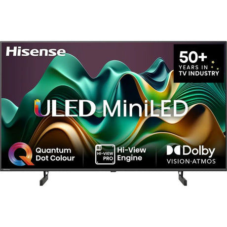 Hisense U6N 50 inch 4K ULED MiniLED smart TV with black bezel and dark grey stand, featuring Quantum Dot Colour, AI Hi-View Pro engine, Hi-View Engine and Dolby Vision Atmos technology displayed against purple background with green and gold liquid design elements