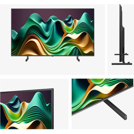 Hisense U6N 50 inch 4K Smart TV displayed from front and side angles showing black bezel and dark grey stand on white background, screen displaying green gold and teal abstract wave pattern