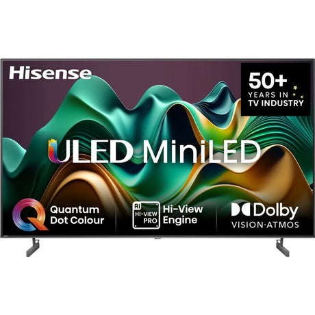 Hisense U6N 65 inch 4K ULED MiniLED Smart TV with Quantum Dot Colour, Hi-View Engine and Dolby Vision Atmos, displayed against purple background with green and gold wave design, black bezel frame and silver stand legs