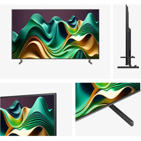 Hisense U6N 65 inch 4K Smart TV displayed from front and side angles showing black bezel and dark grey stand with vibrant green, gold and teal abstract wave pattern on screen