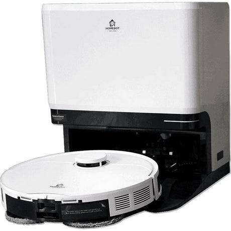 HomeBot Glider white robotic vacuum cleaner with black docking station, showing round disc-shaped robot with dust collection bin and charging dock against white background