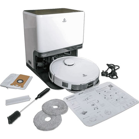 HomeBot Glider robotic vacuum cleaner white with automatic dustbin, two gray microfiber cleaning pads, cleaning brushes, dust bags and instruction manual displayed with power cable