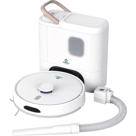 White robotic vacuum cleaner with self-emptying dust bin, featuring a circular disc-shaped base with blue accent ring, connected charging dock with handle, and white hose attachment cable on white background