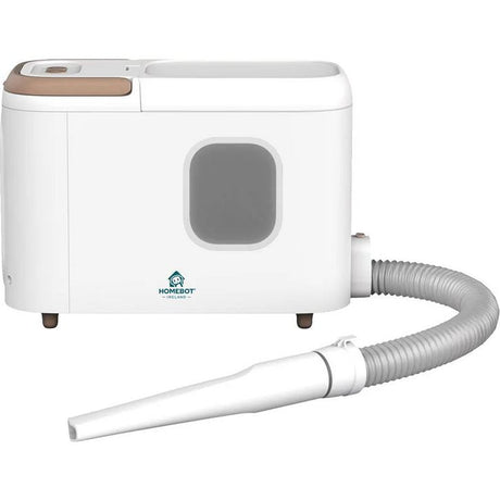 HomeBot Nozzie white robotic vacuum cleaner with tan accents, featuring a window viewing port and detachable gray hose attachment