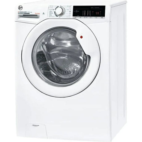 White Hoover H-Wash 10kg washer 6kg dryer combo with 1400 spin speed, front-loading design, digital display showing 59 degrees, chrome drum visible through large circular glass door, control panel with dial and buttons on white exterior