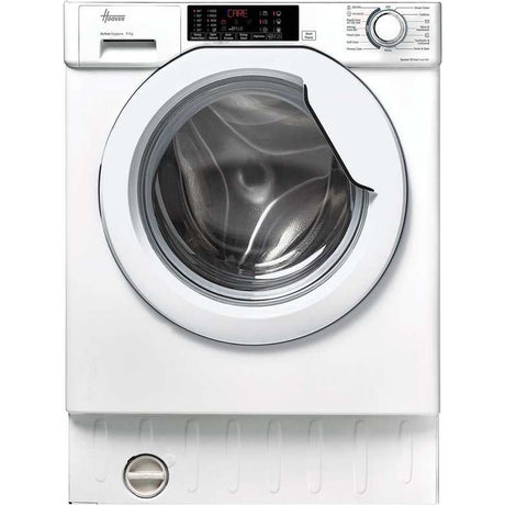 Hoover H-Wash 300 white integrated built-in washing machine with 9kg capacity and 1400 spin, featuring digital display control panel and stainless steel drum visible through porthole door