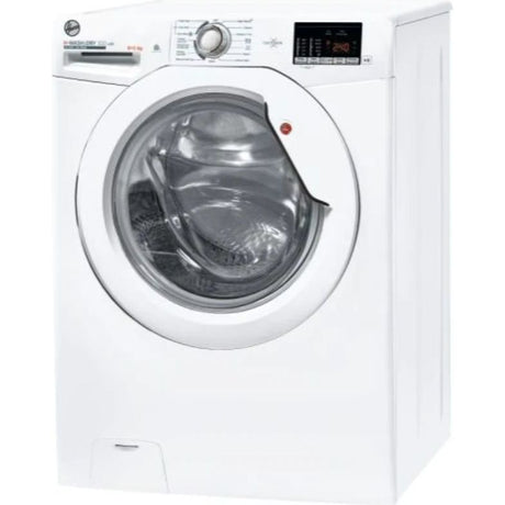 White Hoover H Wash & Dry 300 Lite washer dryer combo with 8kg wash capacity and 5kg dry capacity, 1400RPM, featuring a large circular glass door, digital control panel, and mechanical dial on top