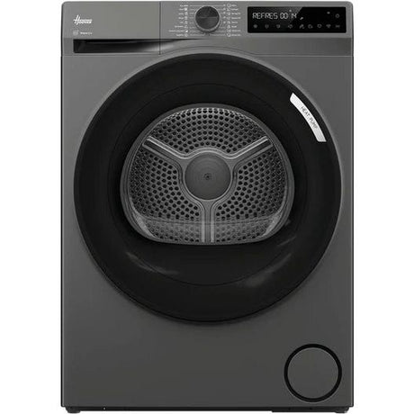 Hoover Pro Dry Series 3 10kg heat pump tumble dryer in graphite grey with black door and control panel, front-loading design with perforated drum visible through glass porthole window