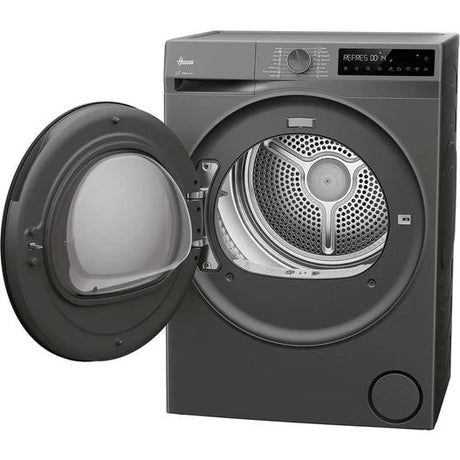 Hoover Pro Dry Series 3 10kg heat pump tumble dryer in graphite grey with open door showing stainless steel drum and control panel