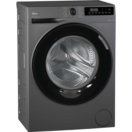 Hoover Pro Wash graphite grey front-load washing machine with 10kg capacity, 1400 spin speed, digital display showing 89:08 timer, black trim and control dial, viewed against white background
