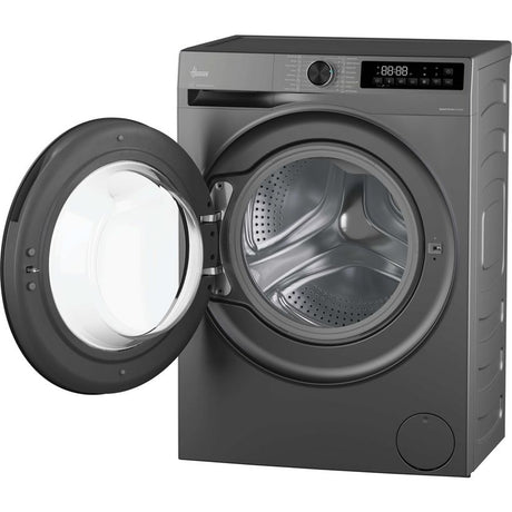 Hoover Pro Wash graphite grey front-load washing machine with open door showing stainless steel drum, digital display showing time, and 1400 spin capacity