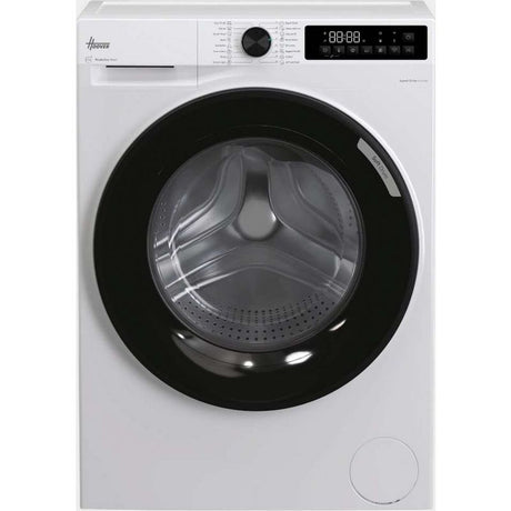 Hoover Pro Wash white front-load washing machine with black door and trim, digital display showing 09:08, 9kg capacity, 1400 spin speed, WiFi enabled