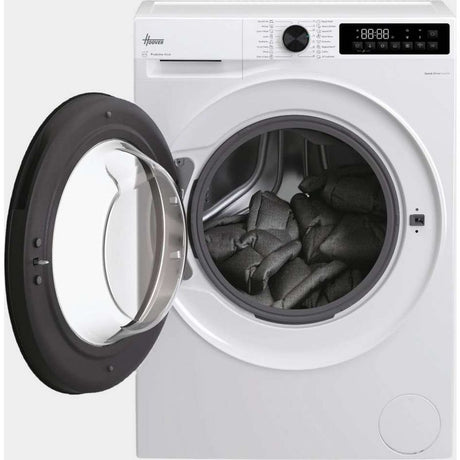 White Hoover Pro Wash 9kg washing machine with black door open showing dark laundry inside, digital display showing 08:08, control knob and buttons on top panel, 1400 spin capacity