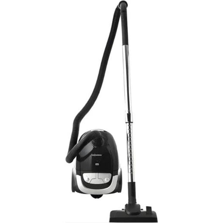 Black and white bagged vacuum cleaner with 800w power, featuring a curved hose attachment, telescopic wand, and floor brush base on white background
