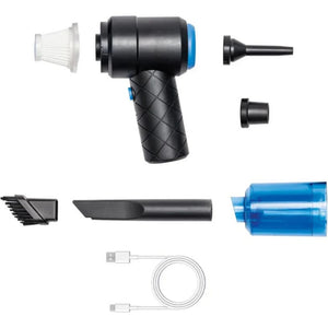 JML Go Vac portable handheld vacuum cleaner with black body and blue accents, shown with accessories including filter, nozzle attachments, brush head, crevice tool, dust container and USB charging cable