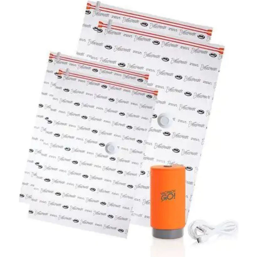 JML Vac Pac Go vacuum storage bags set with orange portable electric pump and charging cable showing multiple transparent compression bags with red zip seals and branded pattern