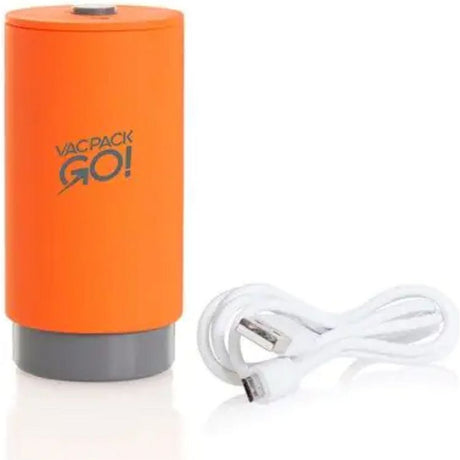 JML Vac Pac Go orange vacuum storage bag with gray base and white USB charging cable included