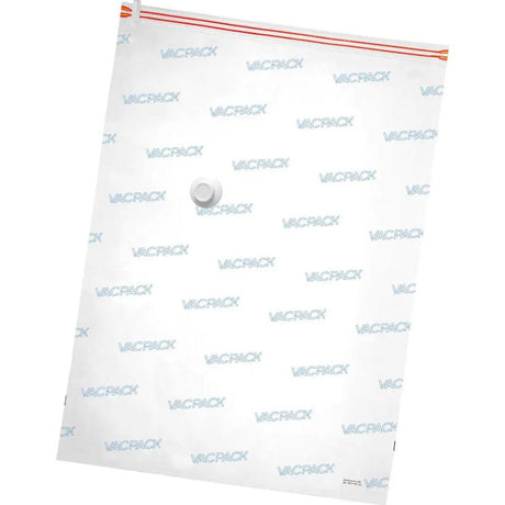 Large transparent vacuum storage bags with red zip closure and valve, featuring repeated VACPACK branding pattern, displayed at an angle showing the sealing mechanism