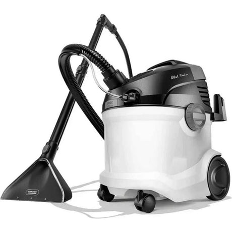 Kärcher SE4 Select white and black carpet cleaning vacuum with hose and triangular brush attachment displayed against white background