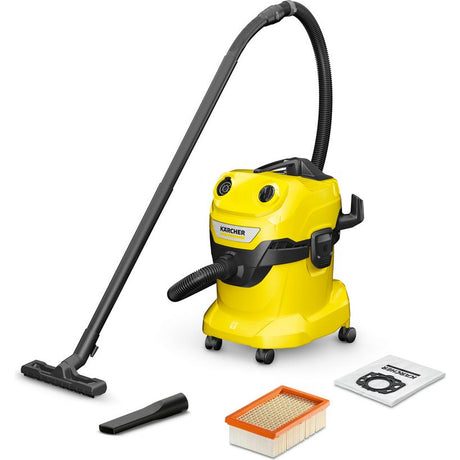 Kärcher WD4 V20 wet and dry vacuum cleaner in yellow and black with hose, floor nozzle, crevice tool, orange pleated filter cartridge and instruction manual displayed on white background