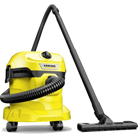 Kärcher WD 2 Plus wet and dry vacuum cleaner in bright yellow and black with flexible hose and floor brush attachment on white background