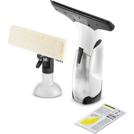 Kärcher WV2 Plus white window vacuum cleaner with spray bottle attachment, microfiber cleaning pad, suction head, and instruction manual displayed on white background