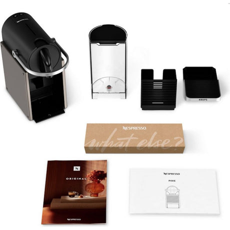 Krups Pixie Nespresso black pod coffee machine with water tank, capsule container, drip tray and accessories, user manual and welcome guide included in product box