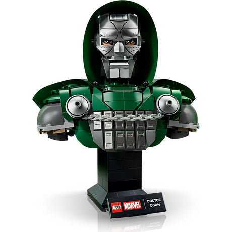 LEGO Marvel Doctor Doom Bust 76345 featuring metallic silver mask with orange eyes, green armored shoulders with circular chest panel and black gauntlets, displayed on black base with official LEGO Marvel branding