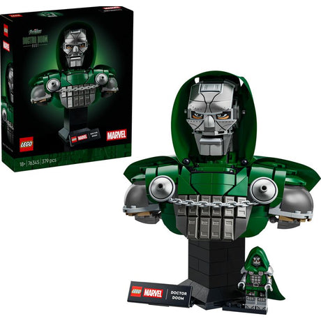 LEGO Marvel Doctor Doom Bust 76345 featuring green and silver buildable character head with metallic face mask, articulated arms with circular weapons, black base with nameplate and minifigure, 379 pieces