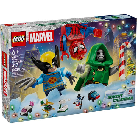 LEGO Marvel Advent Calendar 2026 set 76340 featuring Wolverine and Doctor Doom minifigures with Spider-Man head, colorful baubles and festive accessories on snowy display with city backdrop, 317 pieces