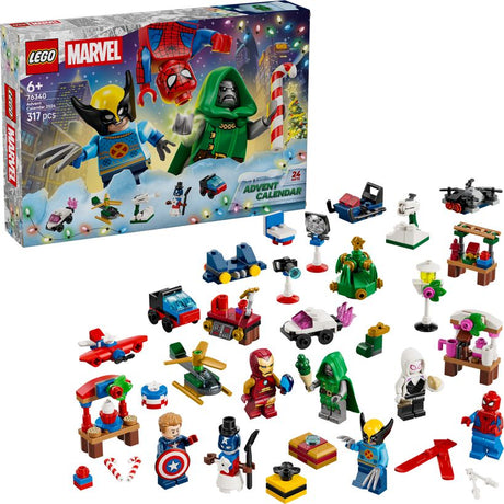 LEGO Marvel Advent Calendar 76340 featuring 24 minifigures and build sets including Spider-Man, Wolverine, Doctor Doom and Iron Man displayed with colorful plastic building pieces and accessories on white background