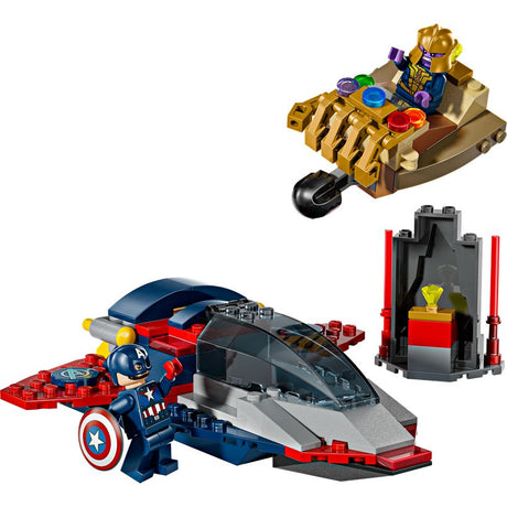 LEGO Marvel Captain America vs. Thanos set 76319 featuring blue and red Captain America jet with minifigure, gold Thanos chariot with minifigure, colorful infinity stones, and red display stand on white background