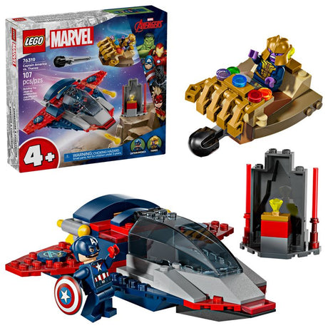 LEGO Marvel 76319 Captain America vs Thanos set showing red and blue Captain America jet with minifigure, gold Thanos gauntlet vehicle with purple minifigure, and black red tower structure against purple starry background on white box packaging