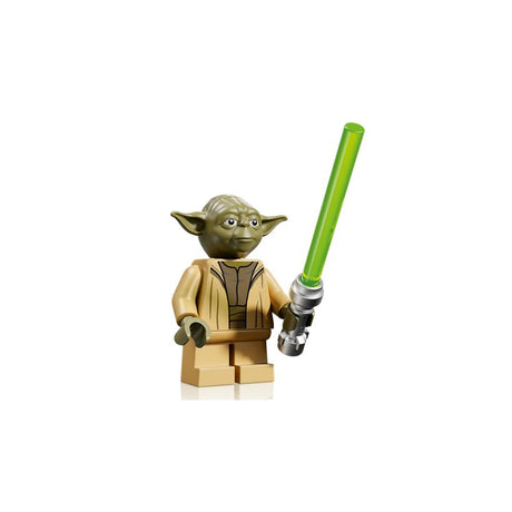 LEGO Star Wars Yoda minifigure with tan robes, pointed ears, and green lightsaber against white background