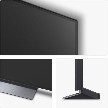LG 48 inch OLED Evo AI C54 4K Smart TV shown from three angles displaying the sleek black bezel, metallic silver stand and thin profile design against white background