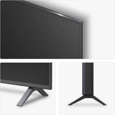 LG 50 inch 4K UHD Smart TV model 50UA75006LA.AEK with dark grey bezel displayed from three angles showing the flat screen panel, side profile with grey stand legs, and front view of the pedestal base against white background