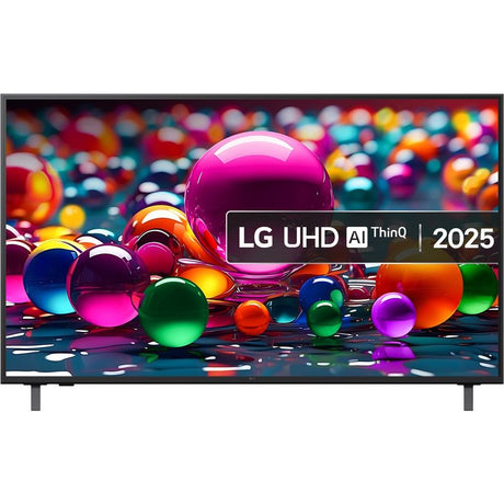 LG 55 inch 4K UHD AI ThinQ 2025 smart television with black bezel displaying colorful glossy spheres in magenta, orange, green and blue on dark reflective surface