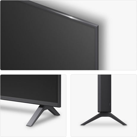 LG 55 inch 4K UHD Smart TV model 55UA75006LA.AEK with black bezel and frame shown from front angle and two side views displaying the grey metal stand legs