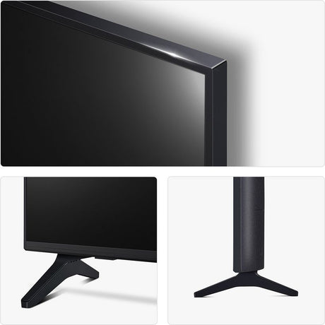 LG 55 inch QNED 4K Smart TV in black showing front bezel detail, side profile with stand, and close-up of tripod base stand from multiple angles
