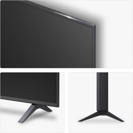 LG 65 inch UA75 4K Ultra HD LED smart TV with dark grey bezel and black stand shown from three angles including full display, side profile with stand base and front view of pedestal legs