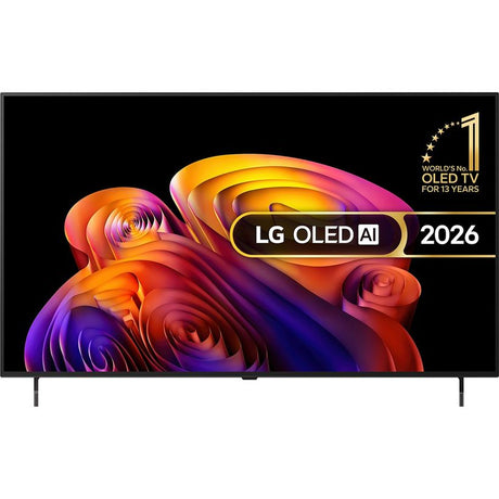 LG OLED55B6ELC.AEI 55 inch 4K Ultra HD Smart TV 2026 model with colorful spiral gradient display showing orange pink and purple tones, black bezel frame and silver stand legs, World's No 1 OLED TV badge in top right corner