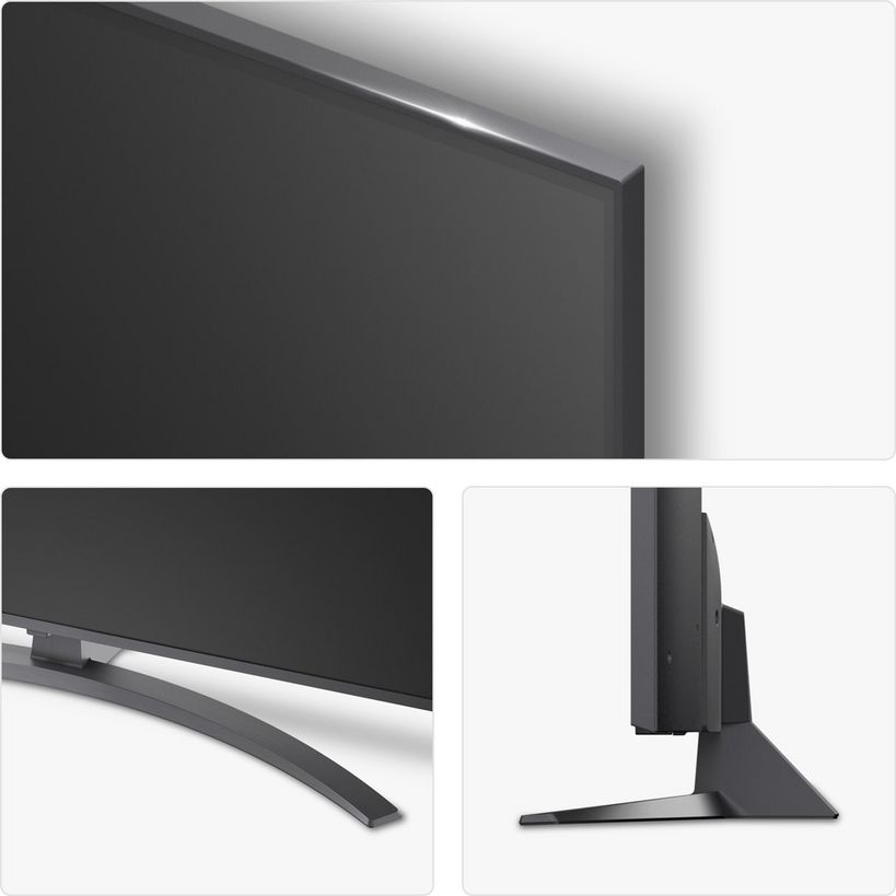 LG NANO81 55 inch 4K UHD Nanocell Smart TV 2025 model showing black flat screen display with curved stand and side profile views of the slim bezel design and pedestal base