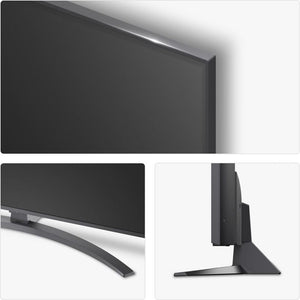 LG NANO81 55 inch 4K UHD Nanocell Smart TV 2025 model showing black flat screen display with curved stand and side profile views of the slim bezel design and pedestal base