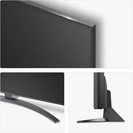 LG NANO81 55 inch 4K UHD Nanocell Smart TV 2025 model showing black flat screen display with curved stand and side profile views of the slim bezel design and pedestal base