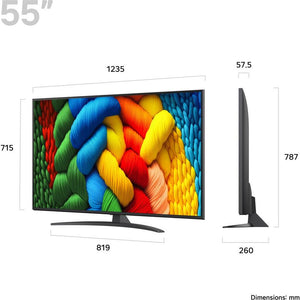 LG NANO81 55 inch 4K UHD Smart TV displaying vibrant colorful woven pattern on screen with black bezel and stand, shown with dimension measurements in millimeters indicating 1235mm width and 787mm height