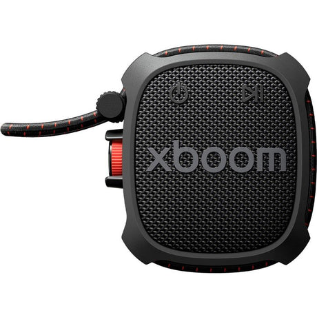 LG Xboom Rock portable Bluetooth speaker in black with rugged design, textured mesh grille, red accent button, and braided fabric carrying strap