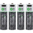 Four white and dark gray Lighthouse AA rechargeable lithium-ion batteries with USB-C charging ports, featuring green lightning bolt logos on white tops and black lower sections with product text