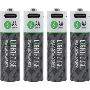 Four white and dark gray Lighthouse AA rechargeable lithium-ion batteries with USB-C charging ports, featuring green lightning bolt logos on white tops and black lower sections with product text