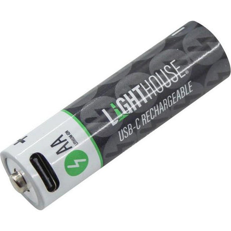 Lighthouse AA USB-C rechargeable lithium-ion battery with black camouflage pattern upper section and white lower section with green accents, showing USB-C charging port